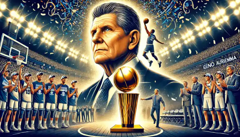 Heartfelt depiction of Geno Auriemma Coaching Record holding a basketball and championship trophy, standing in a glowing basketball arena surrounded by framed moments of victory and cheering fans.