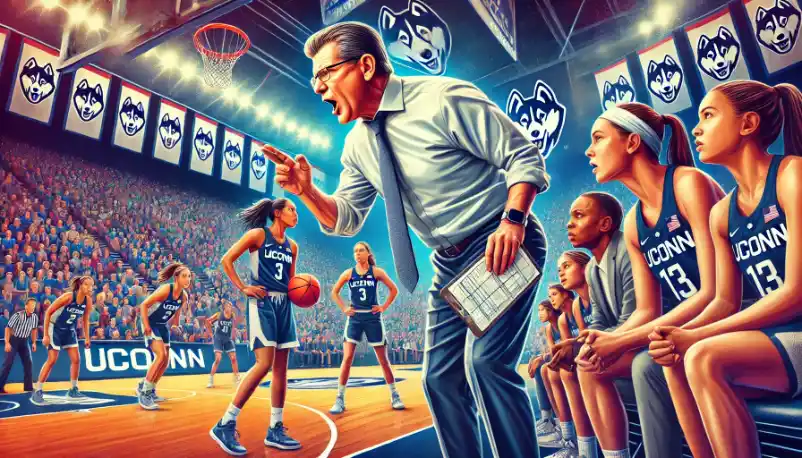 Heartfelt depiction of Geno Auriemma Coaching Record holding a basketball and championship trophy, standing in a glowing basketball arena surrounded by framed moments of victory and cheering fans.